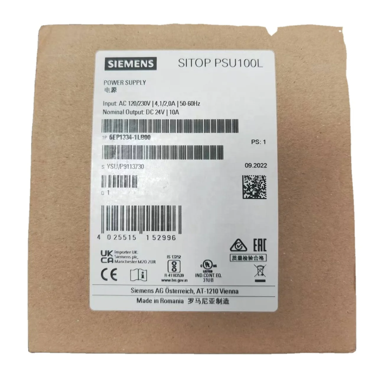 西门子sitop电源psu100l 24v/10a输出dc 24v/10a 6ep1334-1lb00 100