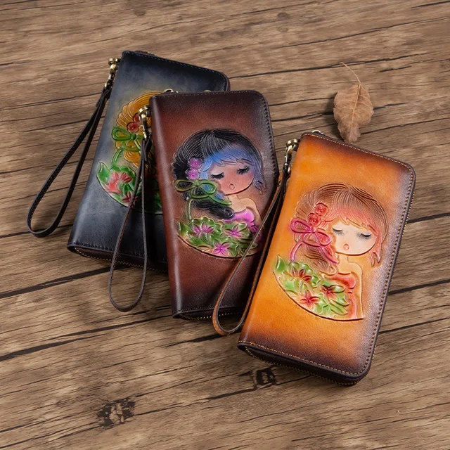 Handmade Retro Long-Style Ladies' Genuine Leather Top-Grain Cowhide Clutch Wallet RFID Anti-Skimming Polyester Lining Vintage