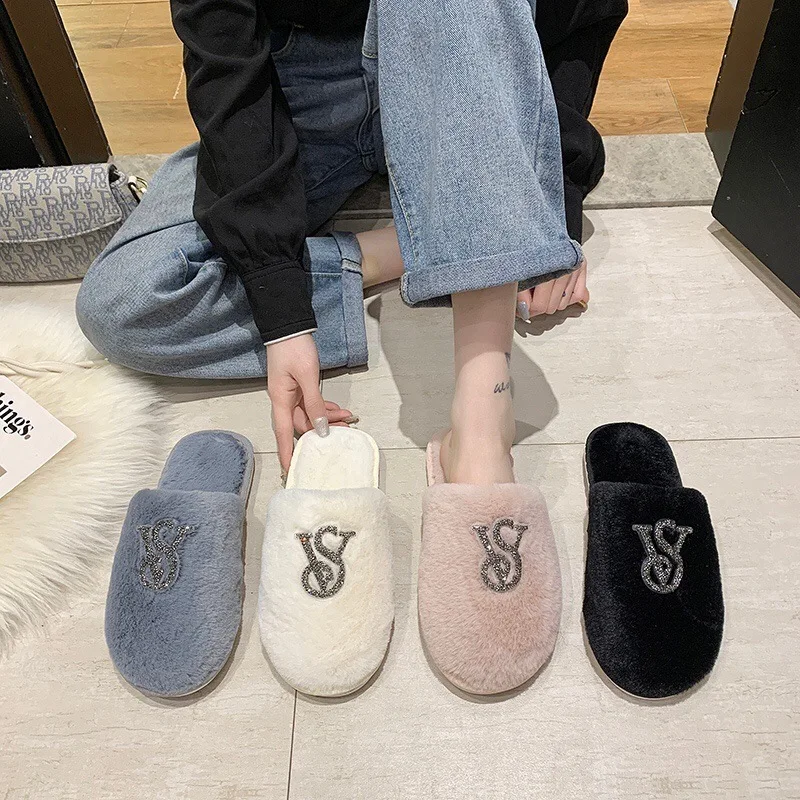New Arrival Luxury Fluffy Slippers Flat Plush Faux Fur Indoor Bedroom ...
