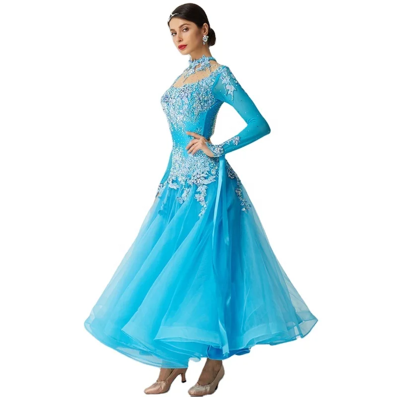 B-2081 Competition Sky Blue American Sexy Ballroom Dance Dress High Quality  Standard Lyrical Dance Costume Dress for Sale