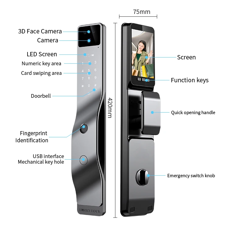 Presyo ng Pabrika 3D Face Recognition Smart Lock WiFi App Tuya Video Intercom Fingerprint Keyless Smart Home Door Lock na may Camera