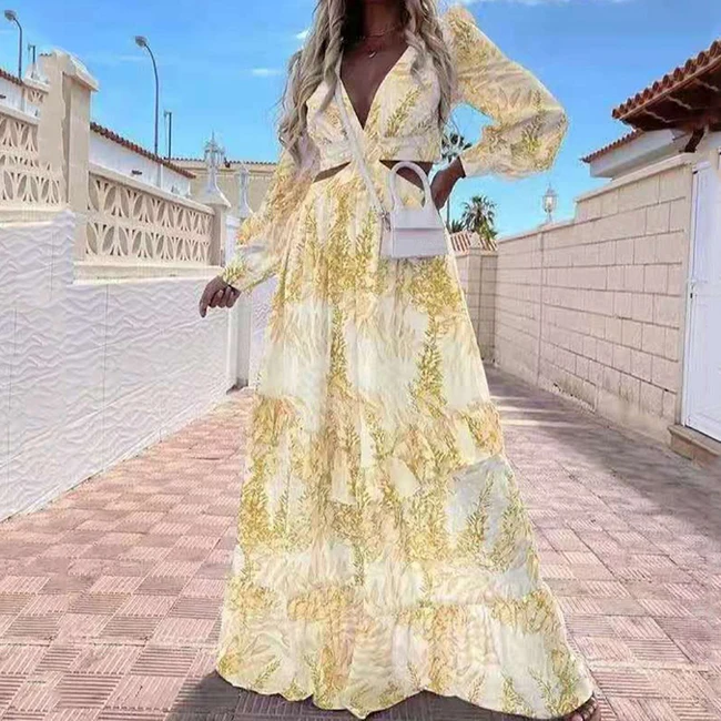 Custom Summer Casual Long Sleeve Vestido Normal Ladies Frock Women Deep V-neck Cut Out Floral Print Maxi Dress