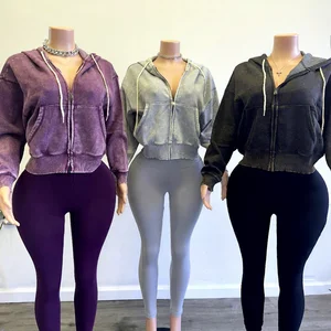 Huili 2025 New Trending Vintage Washed Two Piece Matching Set Zip up Hooded Jacket & Activewear Leggings Custom Hoodie Set Women