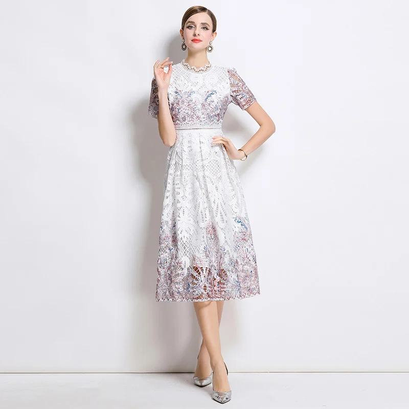 Droma in Stock 2025 Summer Elegant Hollow a Line Dresses Beautiful Lace Evening Fashion White Dress for Women