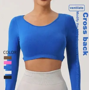 Customized High Quality Long Sleeve Breathable Fitness Hollow Back Knitted Women Yoga Quick Dry Sweat-Wicking Front Logo Tops