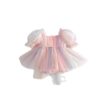 Baby 2025 Summer New Puff Sleeve rainbow Tulle Skirt Girl Romper Jumpsuit Newborn 100 Days Old One Year Old Dress