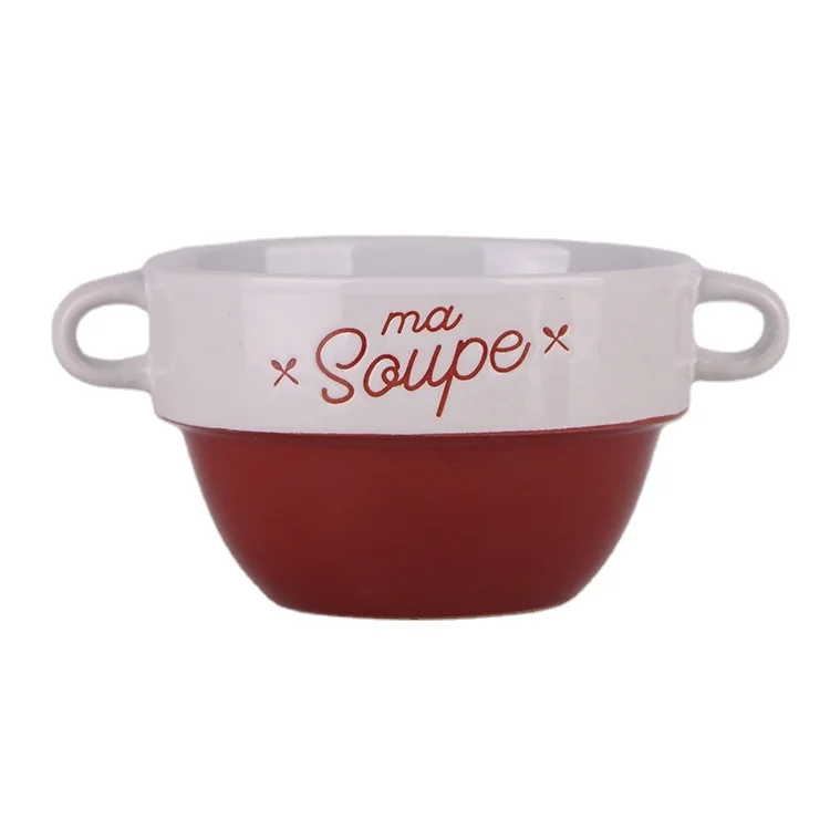 Customized  Restaurant Tableware Ceramic Two Handled Soup Bowl for Borsch  Screen Print Ceramic Bowl