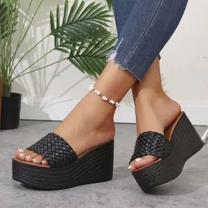 QuiteS 2026 New Plus Size One-Line Woven Wide Straps High Heel Wedge Sandals Casual Large Size Elegant Shoes for Women