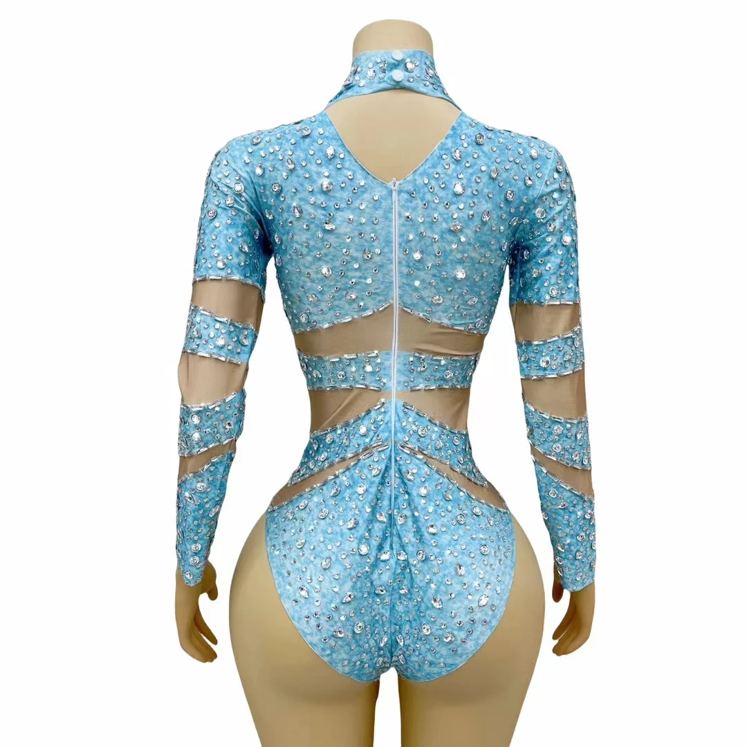 Fashion Blue Crystal Rave Outfits Women's Bodycon Jumpsuit Odm