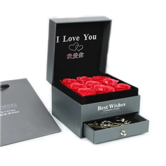 Wholesale Luxury Jewelry Case Rose Flower Gift Box With Drawer Custom Mens Jewelry Cufflink Storage Premium Packaging Box