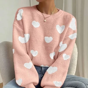 2025 Hot Sale Women's Casual Knitted Long-Sleeved Loose Sweater Slimming Heart Contrasting Color Pullover for Winter Front Logo