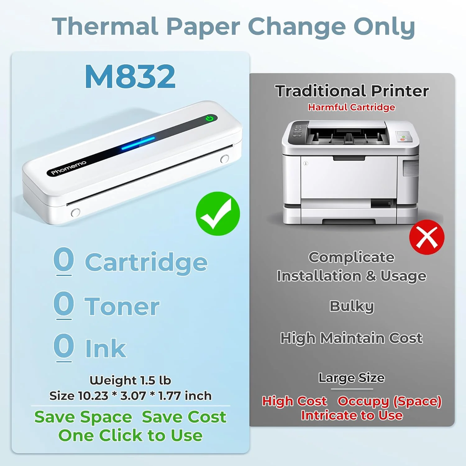 Phomemo Portable Printers Wireless for Travel [Upgraded],M834 Bluetooth Thermal Printer 8.5 x 11& A4 Size,Inkless Mobile Printer with Carry Case for Travel,Office,School,Car,Home,Green