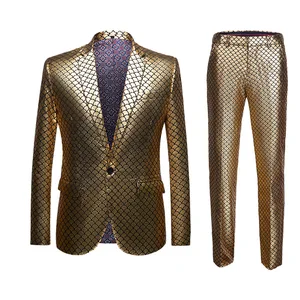 Men's Suit Gold Fish Scale Flower Gilded Dress Set Performance Host Luxury 2-piece Suit Pants Party Wedding