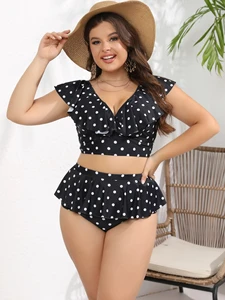 3Colors Ruffle Shoulder Women Plus Size Swimwear L-4XL Bathing Suits High Waisted Swimsuit