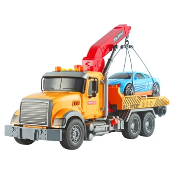 1/10 City Tow Truck Child Toy Trailer Car Plastic Rescue Tractor Toy With Sound & Light Wreck Crane For Boys Give Blue Car