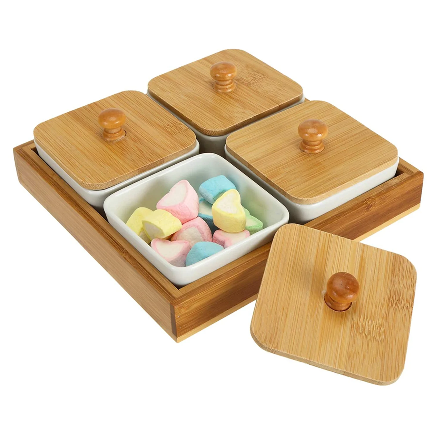 Fanwu Snack Serving Tray with Bamboo Lids and Pallets Removable Ceramic Compartment Bowls for Snacks,Condiments,Moisture-proof Bowls for Food,Appetizers 2-Compartment Serving Tray 