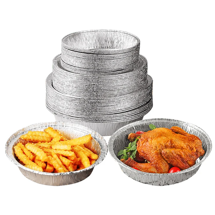 Custom Folding Edge 7/8 Inch Packaging Round Aluminium Foil Plates Disposable Food Tray Take Out