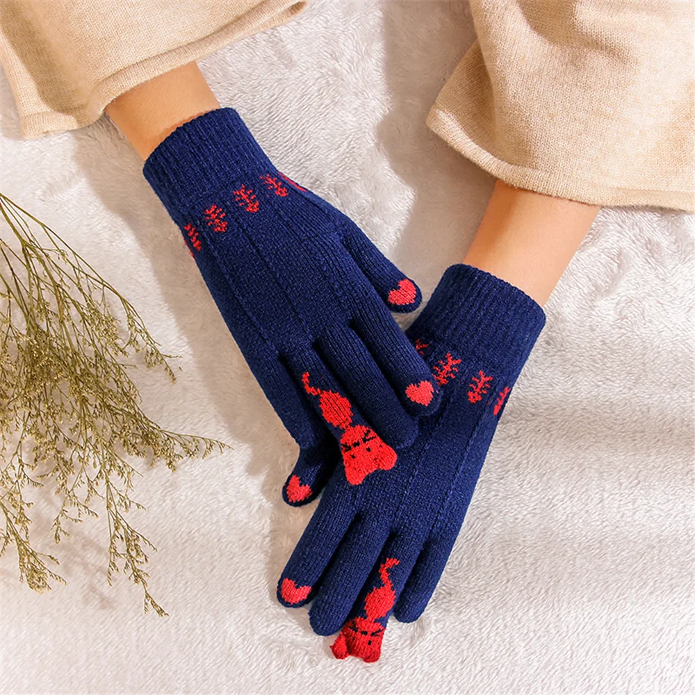 Vintage Christmas Deer Knitted Gloves Women Thicken Touch Screen Gloves Winter Warm Snow Full Finger Mittens Xmas Gift Women Fin