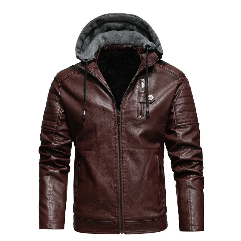 Autumn and winter stand collar casual youth zipper zipper plus fleece spot hooded men's coat leather