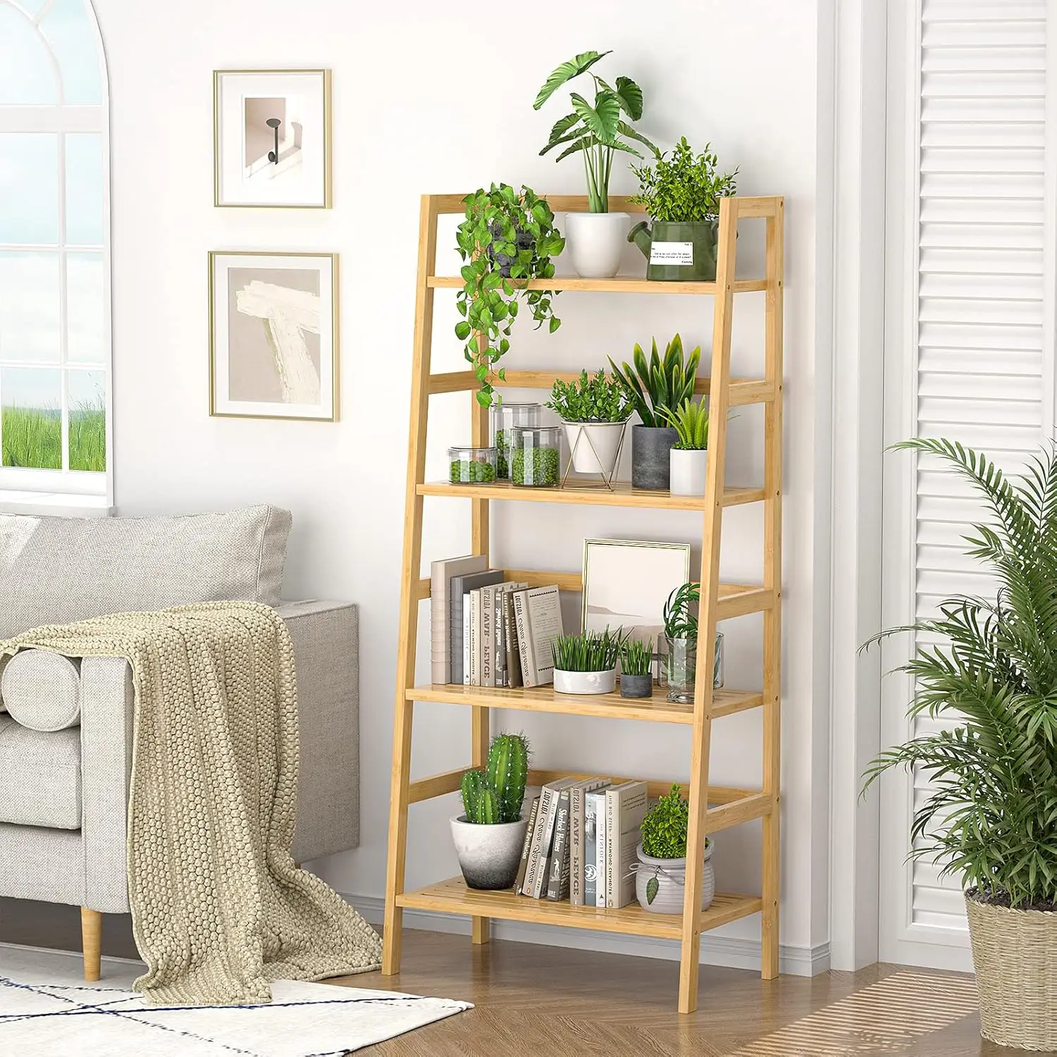 Freestanding Open Bookcase Book Shelf Bathroom Storage Shelves Unit Plant Stand Bamboo Bookshelf 4-Tier Ladder Shelf