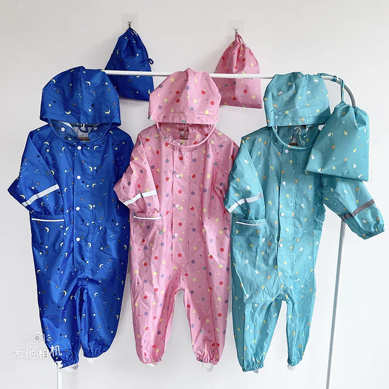 Boys Girls All-in-One Rainsuit Coverall Children Waterproof Jumpsuit Rainwear Kids Raincoat 