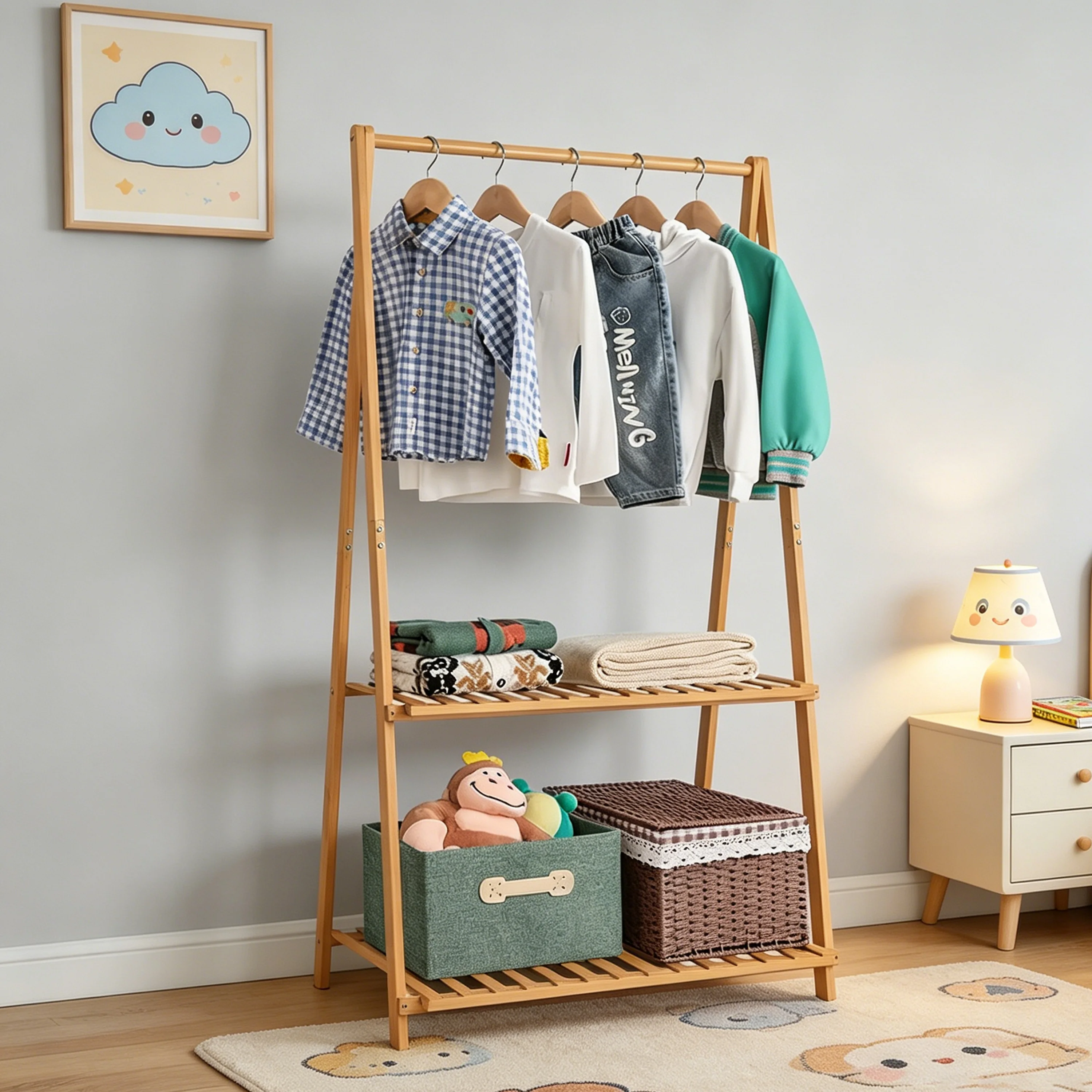 product bamboo kids clothing rack childrens garment rack with shelves kids clothes organizer clothing rack clothes hanging rack-2