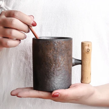 Japanese Style Vintage Ceramic Coffee Mug Tumbler Set Rust Glaze Tea Milk Beer Mug with Wood Handle for Home Office Drinkware