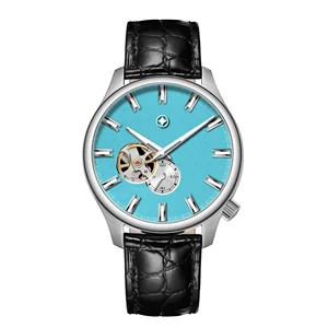Japanese Automatic Open Heart Watch with Blue Enamel Dial Luxurious Titanium Case, Genuine Leather Strap, Business Watch for Men