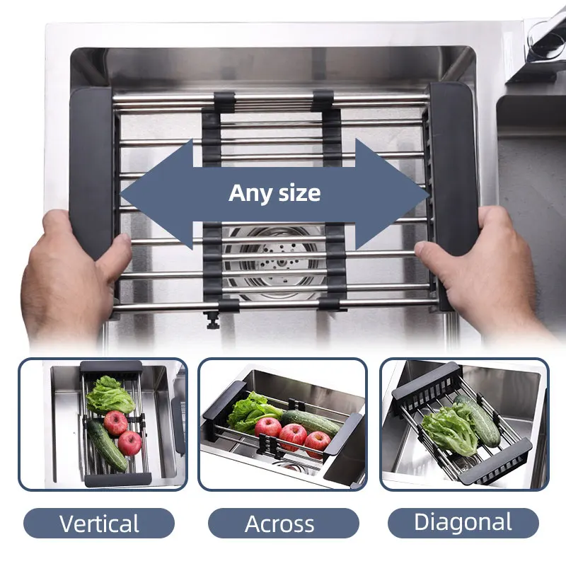 Kitchen Sink Drain Rack Retractable Multifunctional Fruit and Vegetable Drain Bowl Rack Stainless Steel Drain Basket