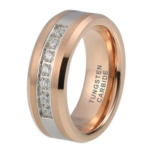 Coolstyle Jewelry 8mm Rose Gold Tungsten Ring for Men Women Engagement Promise Wedding Band Cubic Zircon Stone Inlay Comfort Fit