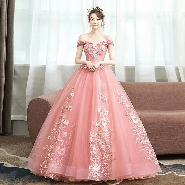 Pink Lace Wedding Ball Gowns Girl Quinceanera Formal Dresses