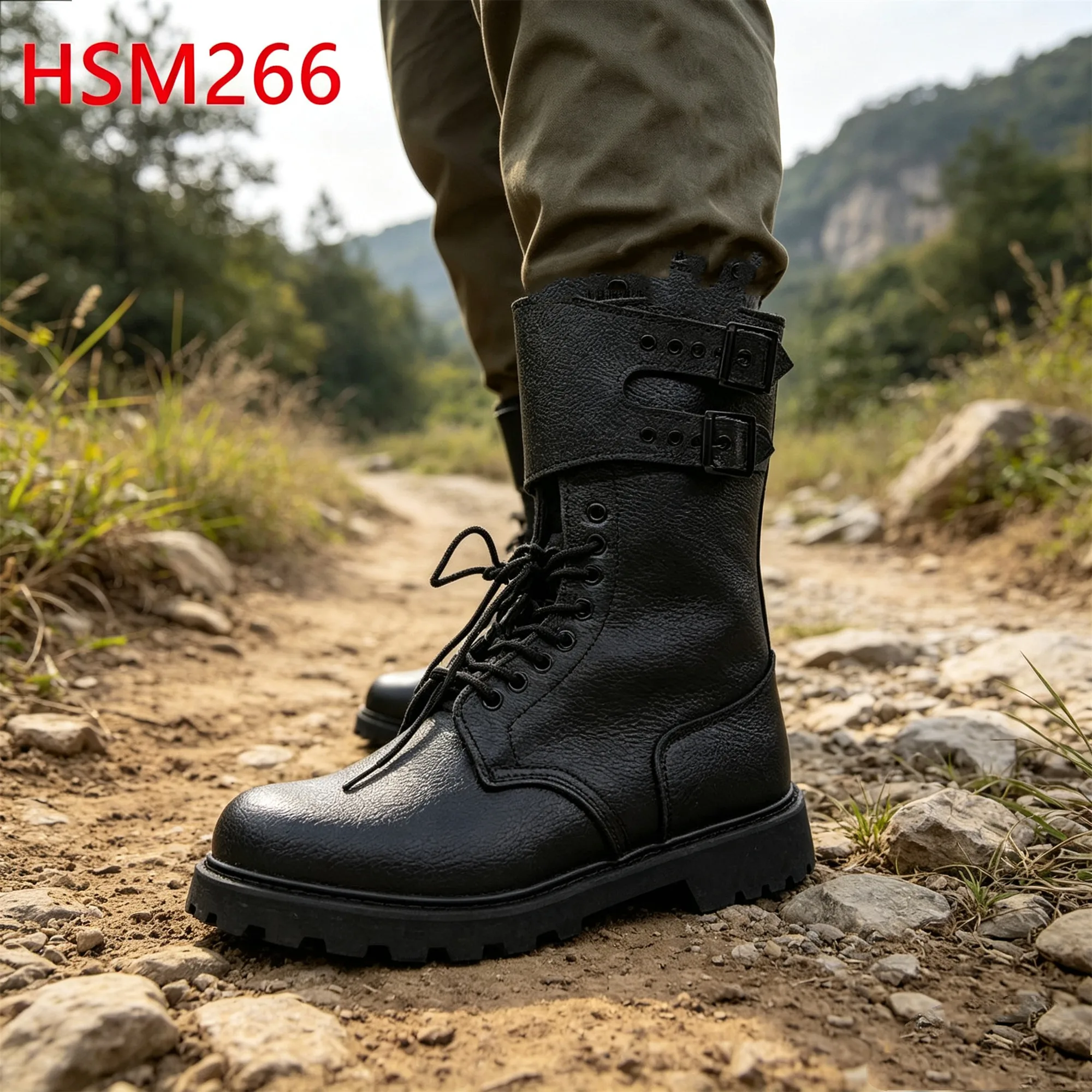 ZYF,Field Drill Full Embossed Leather Tactical Boots with Buckle Anti-moisture Goodyear Rubber Sole Hua Singh Patrol BootsHSM266