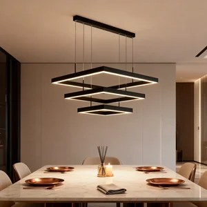 JACKSUN New Square Pendant 3-Ring Acrylic Black Luxury Square LED Pendant Design Home Adjustable Lighting Modern Living Room