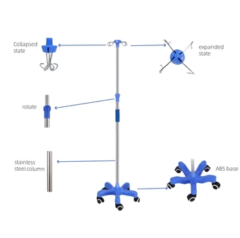 Hospital Furniture Stainless Steel Adjustable Removable Blood Transfusion Pole IV Drip Infusion Stand with 5 Brake Wheels Price