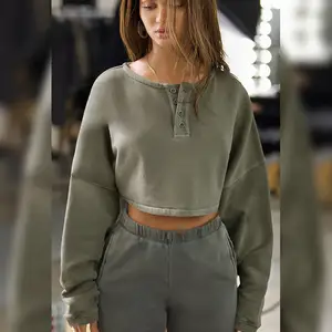 Manufacturer Custom Logo Women's Gym Grey Clothing Hoodie Long Sleeves Sweatshirt Solid Color Casual Fitness Sport Wear