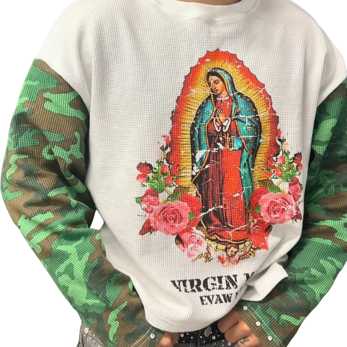 For Salati Manufacturer Men's T-Shirts Custom Sweatshirt Oversize Camo Waffle Knit Full Long Sleeve Rhinestone Printed Crop