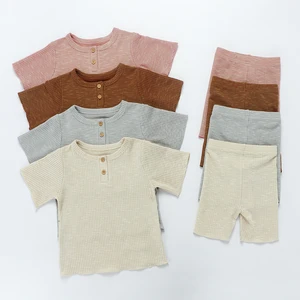 Customize Summer Baby Short Sleeve and Tight Shorts Rib Cotton Kids 2 PCS Clothing Set