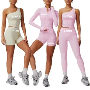 3 Piece Women Yoga Set One Shoulder Sports Bra Butt Lift Gym Shorts Breathable Workout Jacket Fitness Active Gym Suit