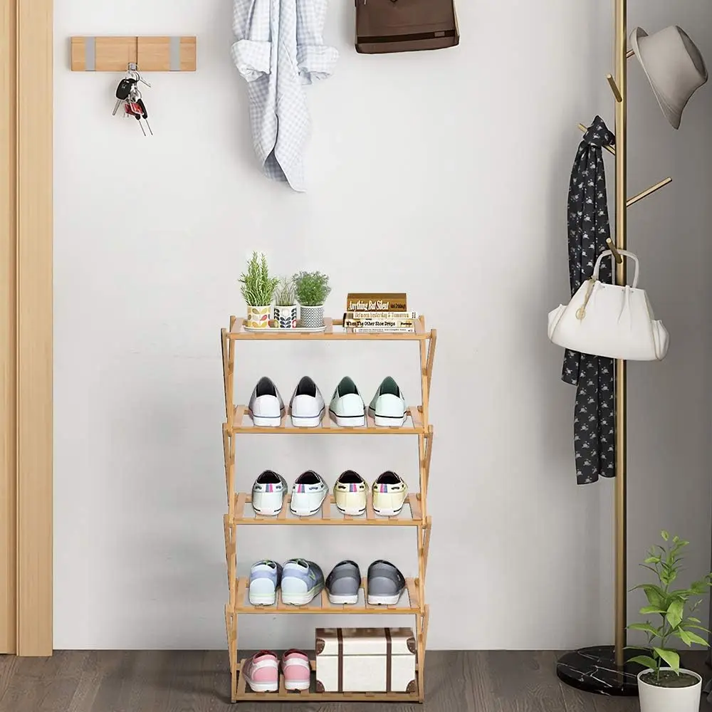 product bamboo foldable 5 tier shoe rack x shaped storage shelf for entryway closet multifunctional organizer for shoes bags plants-2