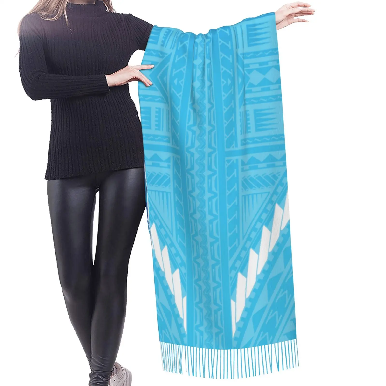 High Quality Customized Warm Winter Pashmina Shawl Scarf With Tassel Blue Polynesian Samoa Tribal Design Poncho Shawl Scarf_voghion.com
