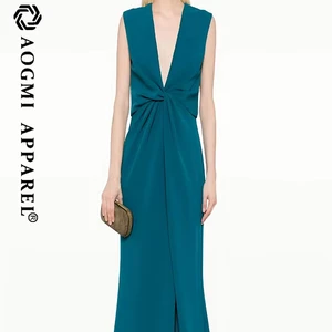 Haute Couture Fashion Ladies Skin-Friendly Eco-Friendly Silk Split V-neck Floor-Length Pleated Royal Sister Dress