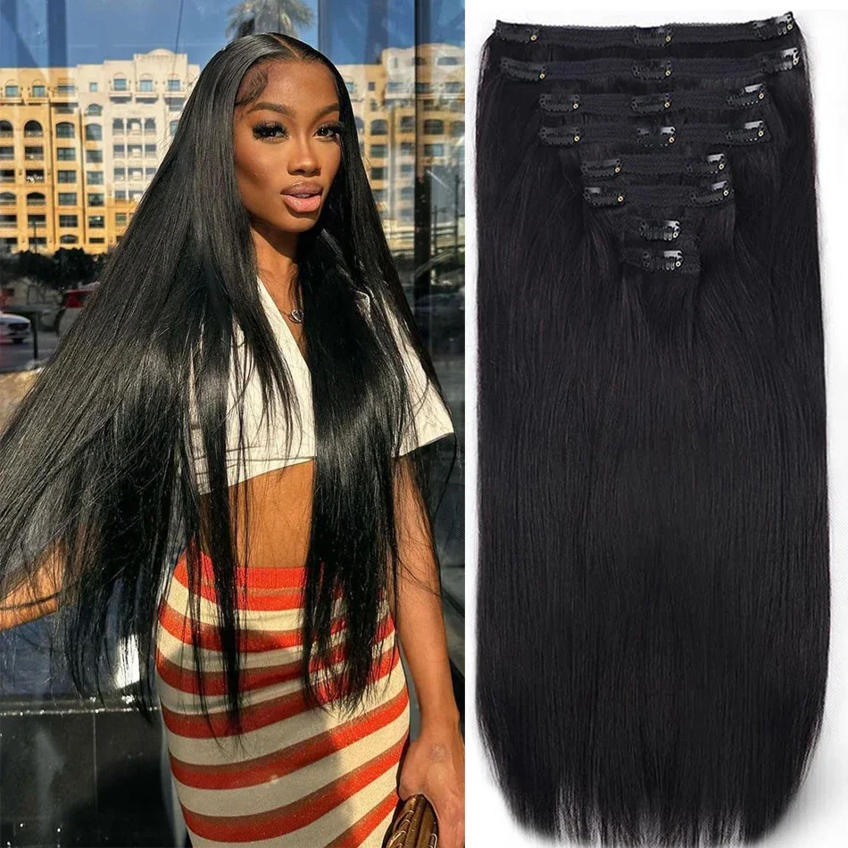 Clip in Human Hair Extensions Seamless Full Head Brazilian Remy Extensions_voghion.com