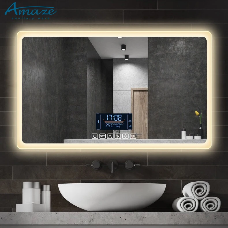 China Modern LED light rectangular  Smart led mirror bathroom Wall mounted touch screen vanity manufacture