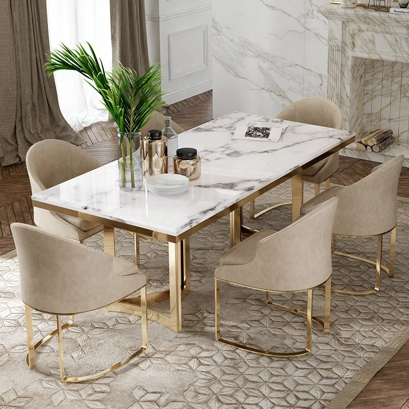 Hot Sale Dining Room Furniture Modern Italian Marble Top and Metal Leg  Dining Table Set