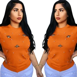 Новинка 2022, модные повседневные топы, женская летняя футболка с коротким рукавом и бусинами, женская простая однотонная дизайнерская футболка