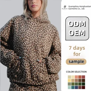 Custom Women's Leopard Print Hoodie 100% Cotton Pullover Sweatshirt Embroidered Detail Loose Fit Long Sleeve Hooded Top Winter