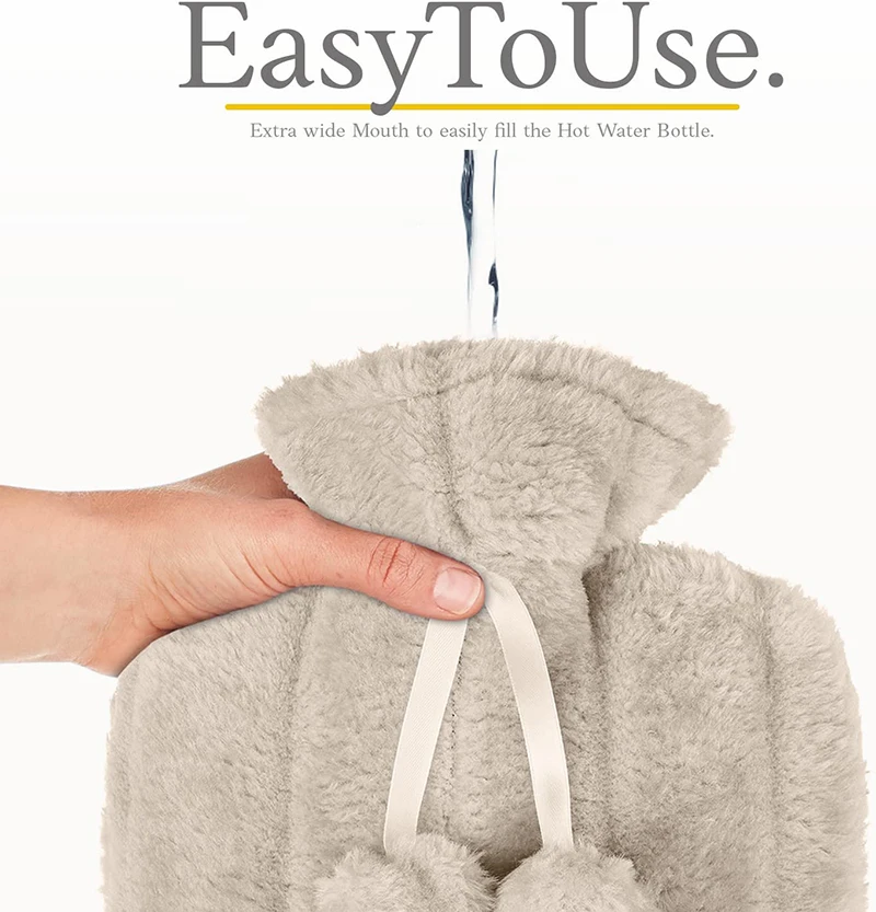 2 Litre 2000 Ml Luxury Cosy Faux Fur Pom Pom Warm Hot Water Bottle