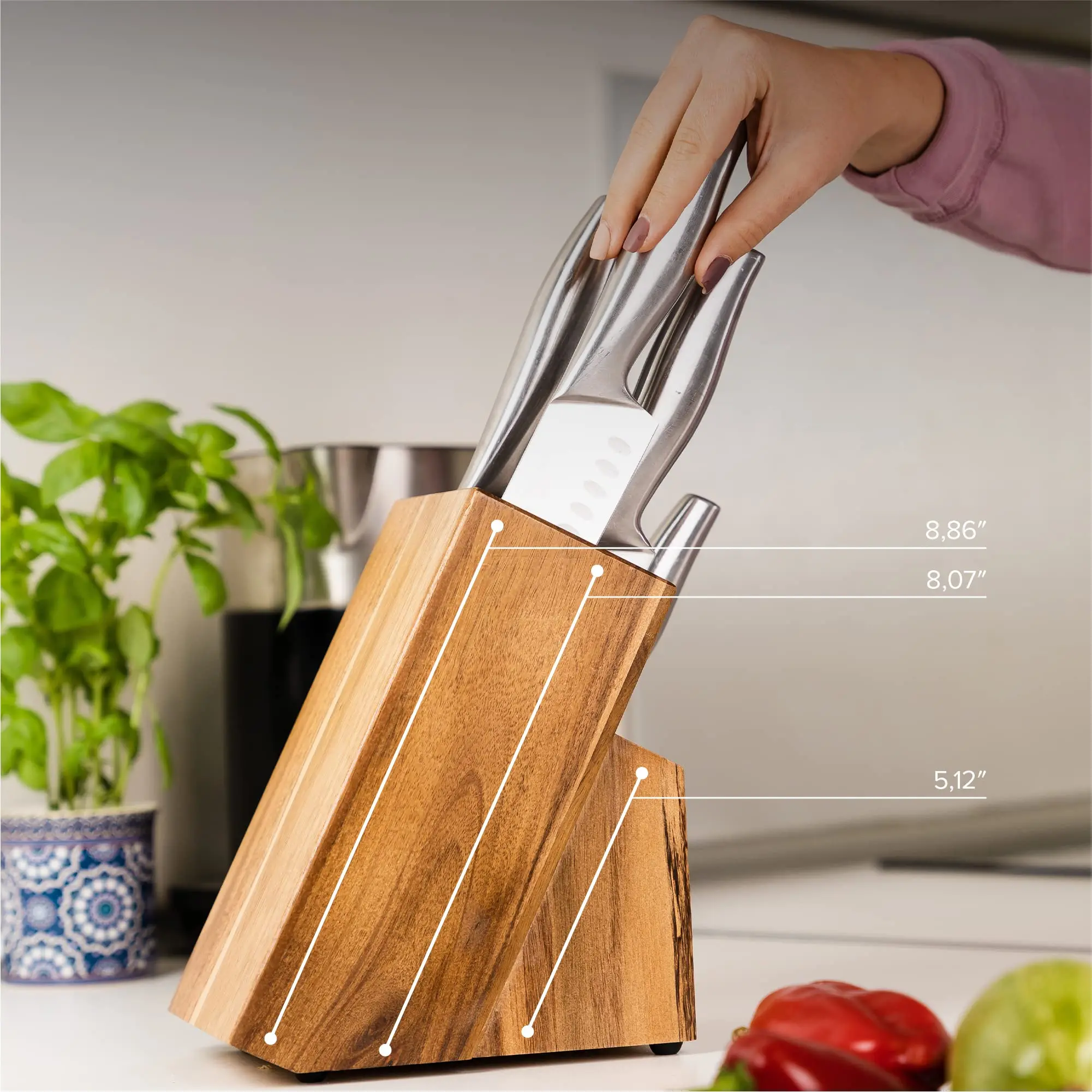 product premium acacia wood knife block detachable multi slot non slip knife holder for kitchen countertop cutlery storage-8