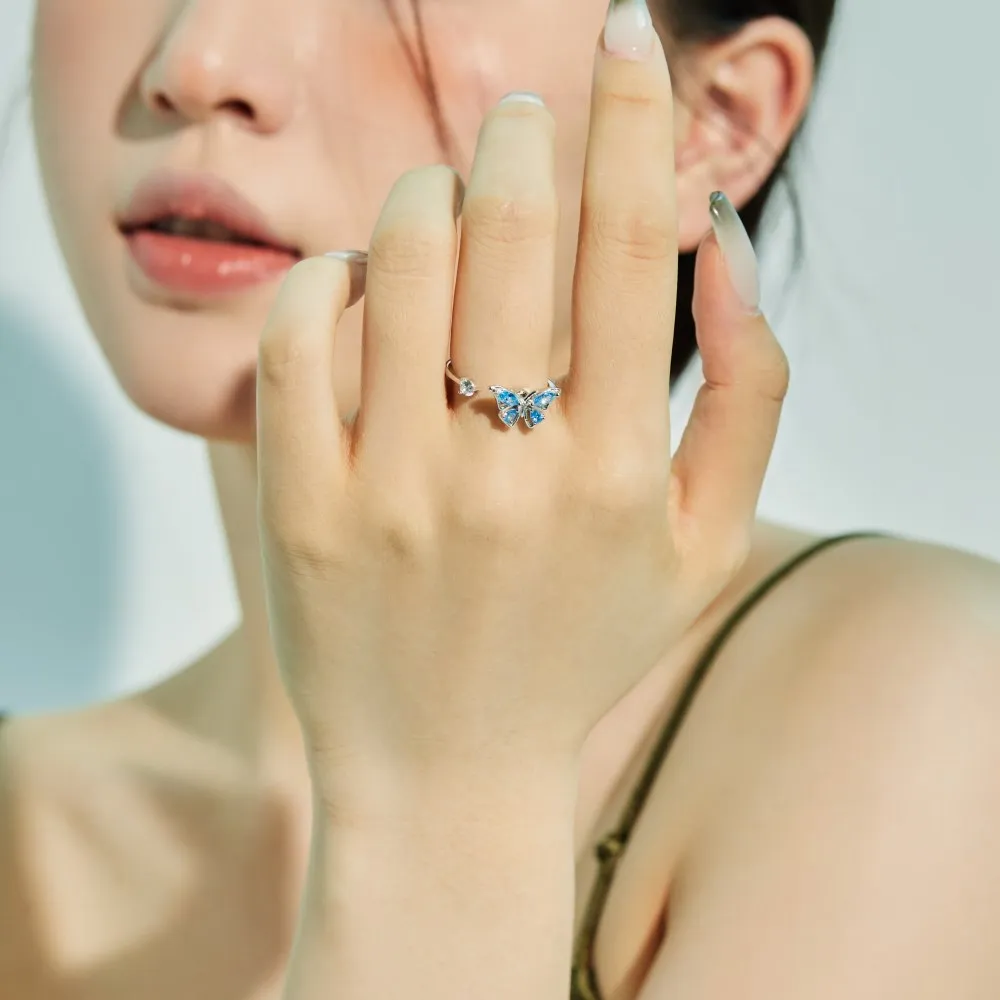 KAKODIY New Rotatable Blue Cubic Zirconia Anxiety Butterfly Ring Opening Adjustable 925 Sterling Silver Butterfly Ring Jewelry for Women detail 3