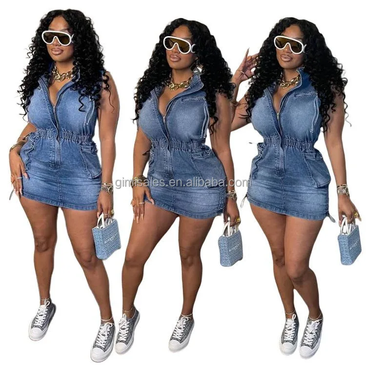 Summer Women Denim Dresses Sleeveless Stretch Pocket Cargo Dresses